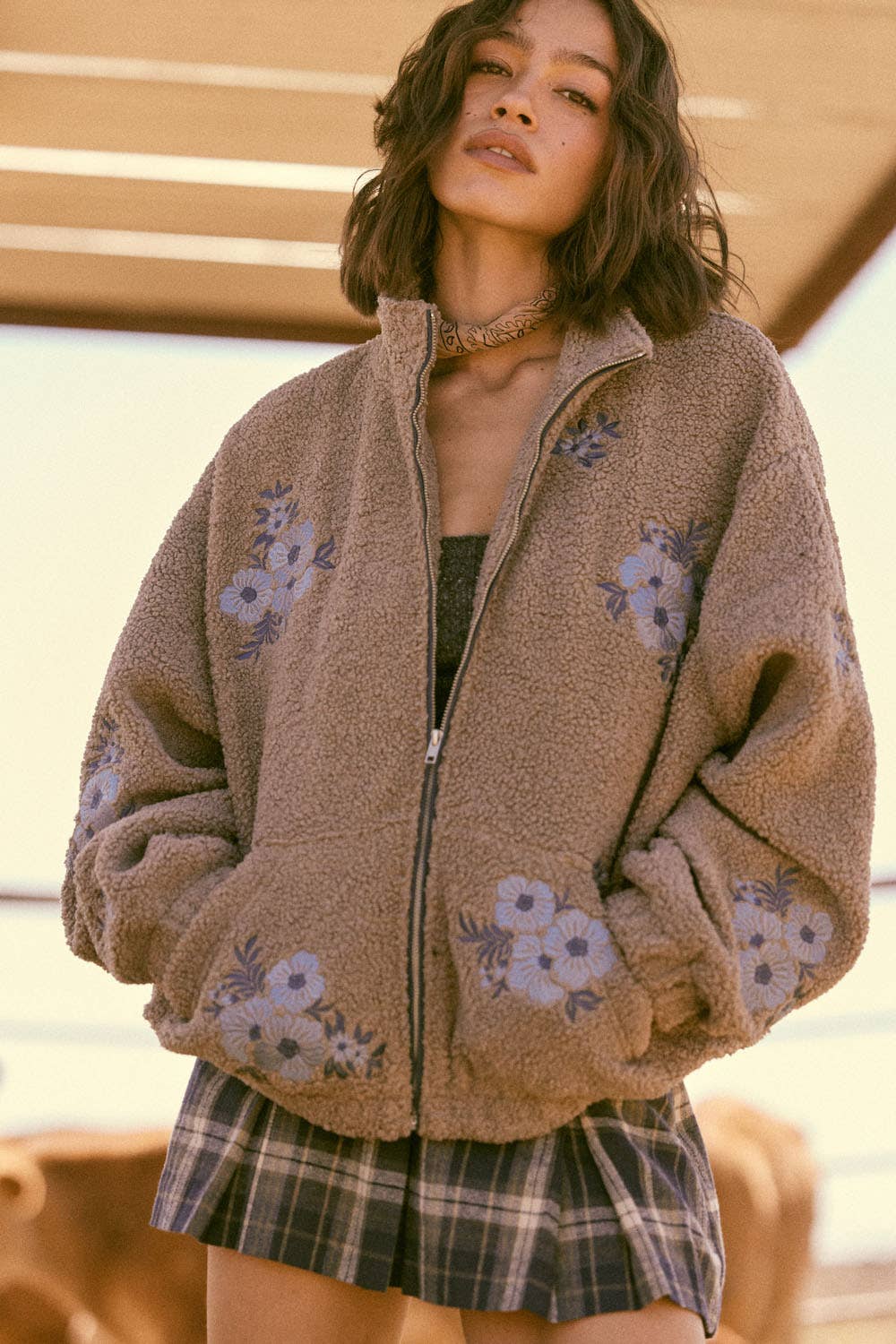 Promesa USA - Wholesale Jacket - Women's - Floral-Embroidered Sherpa Fleece Zip-Up Jacket0