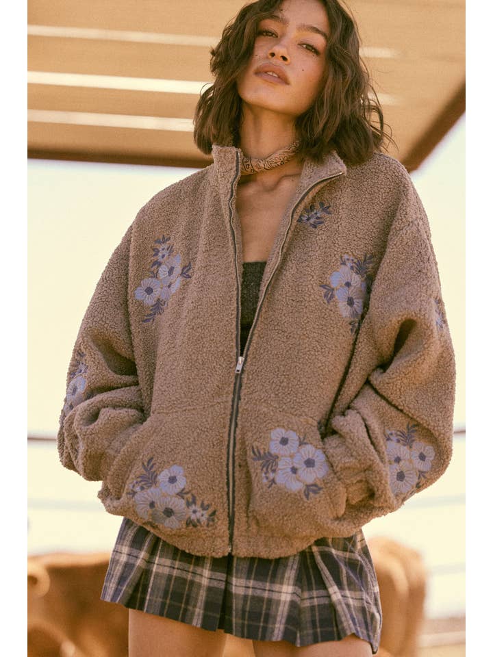Promesa USA - Wholesale Jacket - Women's - Floral-Embroidered Sherpa Fleece Zip-Up Jacket
