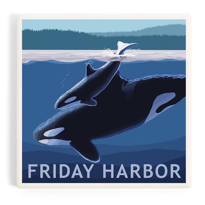 SOTTOBICCHIERE IN CERAMICA Friday Harbor, WA, Orca & Calf per la vendita all'ingrosso da parte di Lantern Press