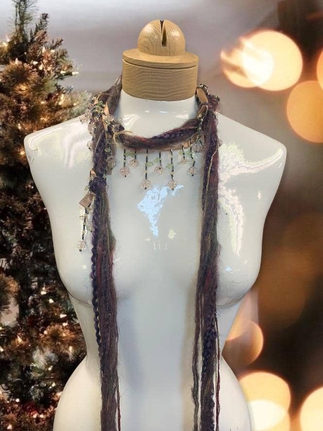Boho Beaded Lightweight Mohair Scarf Necklace -Eggplant Gold for wholesale by Ciao Bella Jewelry Inc