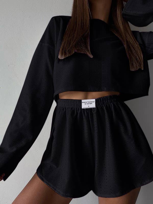 Rosa Clothing - Wholesale Lounge Set - Women's - Eyelet basic long sleeve overfit loose tee lounge shorts set1