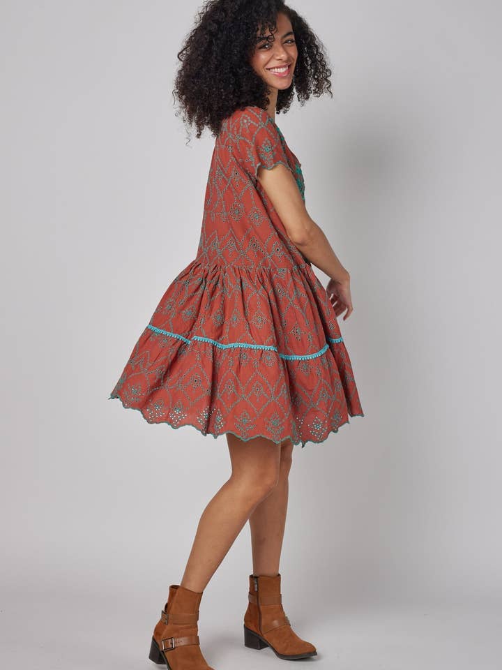 ModaPosa - Wholesale Dress - Women's - Simonetta Brown Blue Hand Embroidered Fall Dress