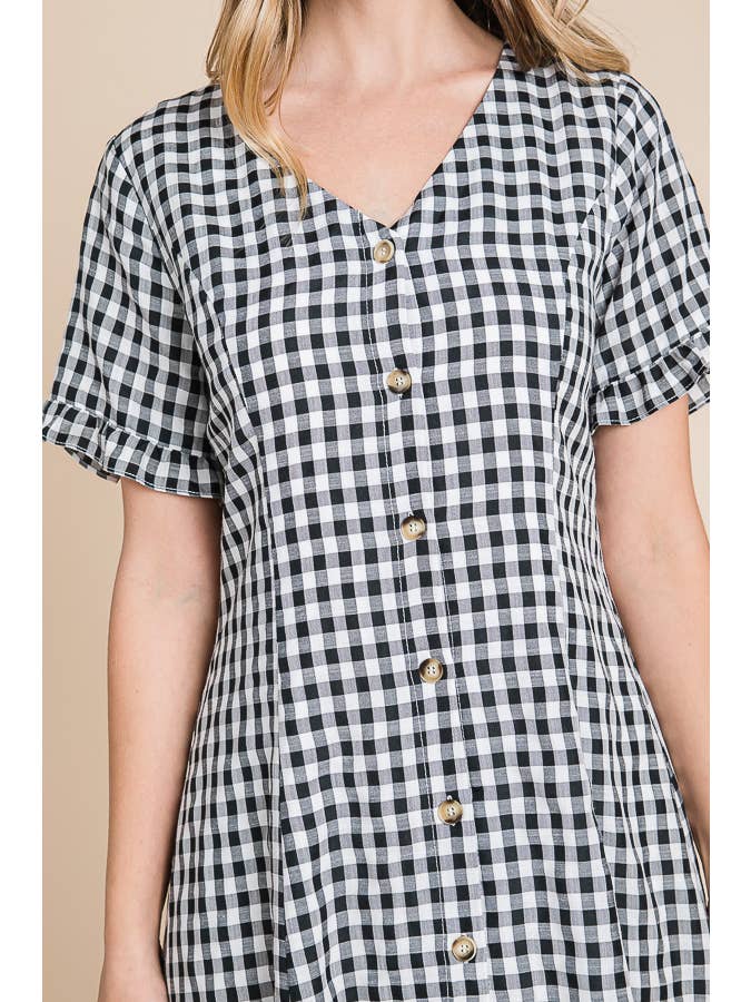 BLACK WHITE Gingham V-Neck Short Sleeve Button Down Dress for wholesale on Faire