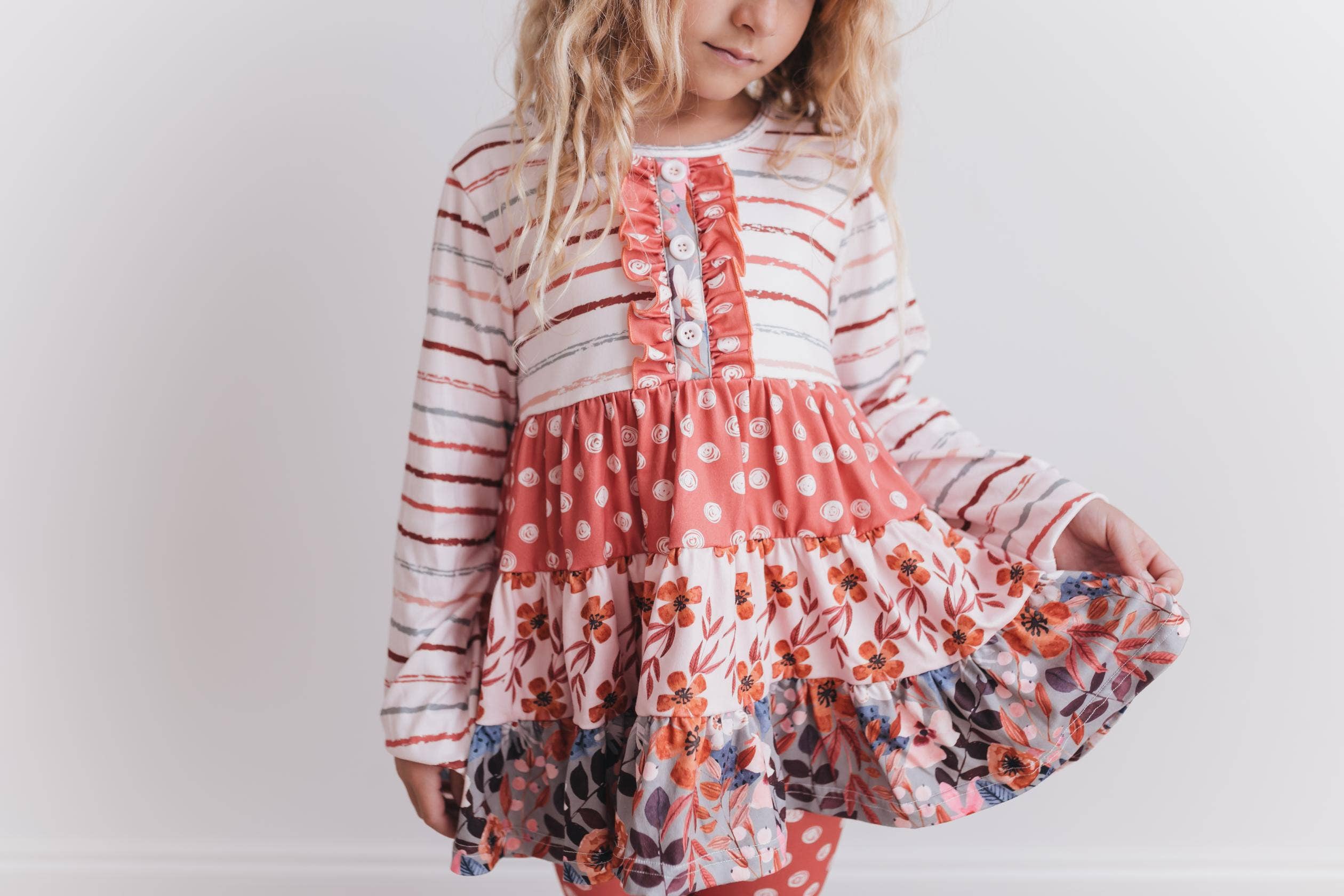 Adorable Sweetness - Wholesale Top & Leggings Set - Kids - Kids Rust Button 3 Tiered Fall Ruffle Legging Set1