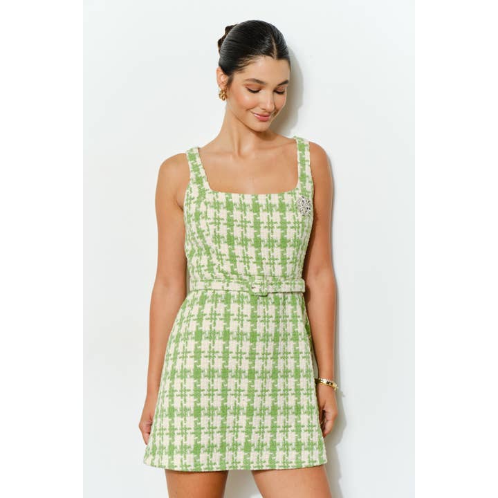 INA - Wholesale Dress - Women's - Check Tweed Brooch Detail Belted Mini Dress18