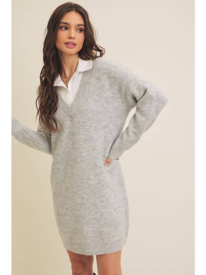 in february - Wholesale Dress - Women's - MIXED MEDIA SOFT SWEATER SHIRT MINI DRESS