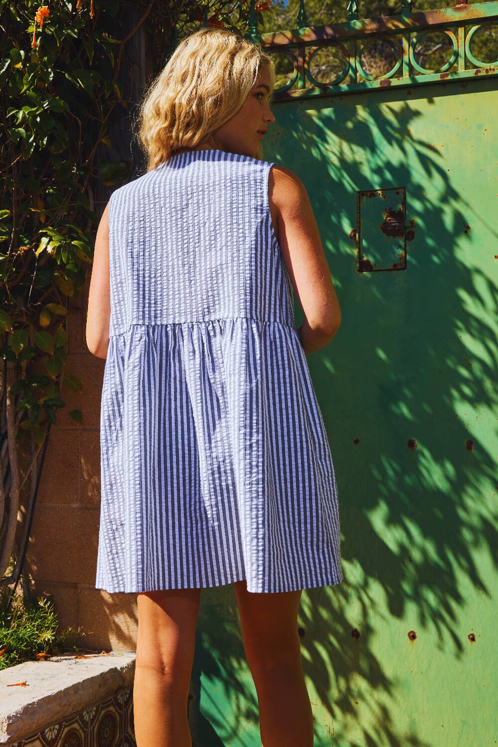 Fuchsia D4368 Seersucker Stripe Print Front Bow Detail Dress for wholesale on Faire6