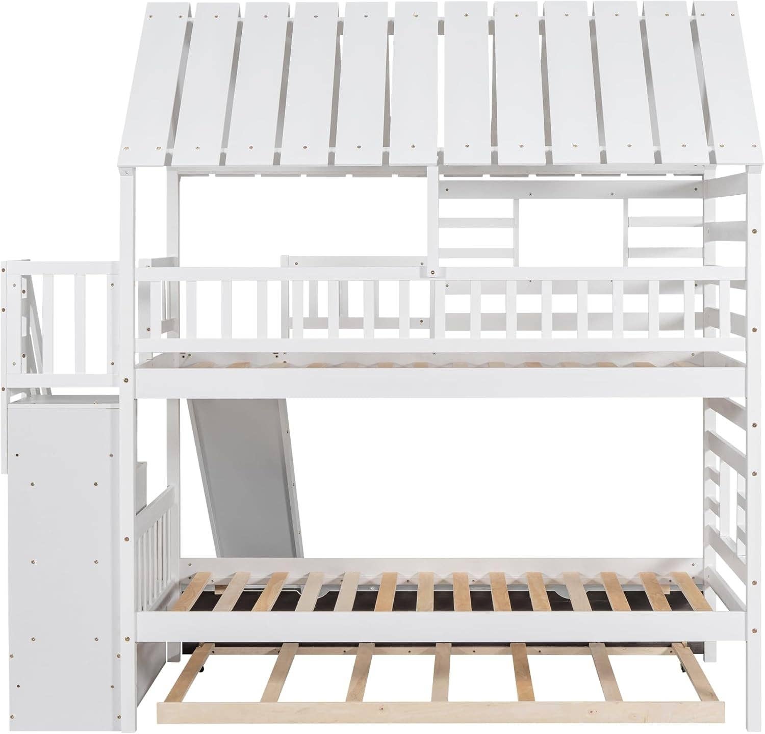 Kids Twin Over Twin Bunk Bed With Slide And Trundle White for wholesale on Faire8