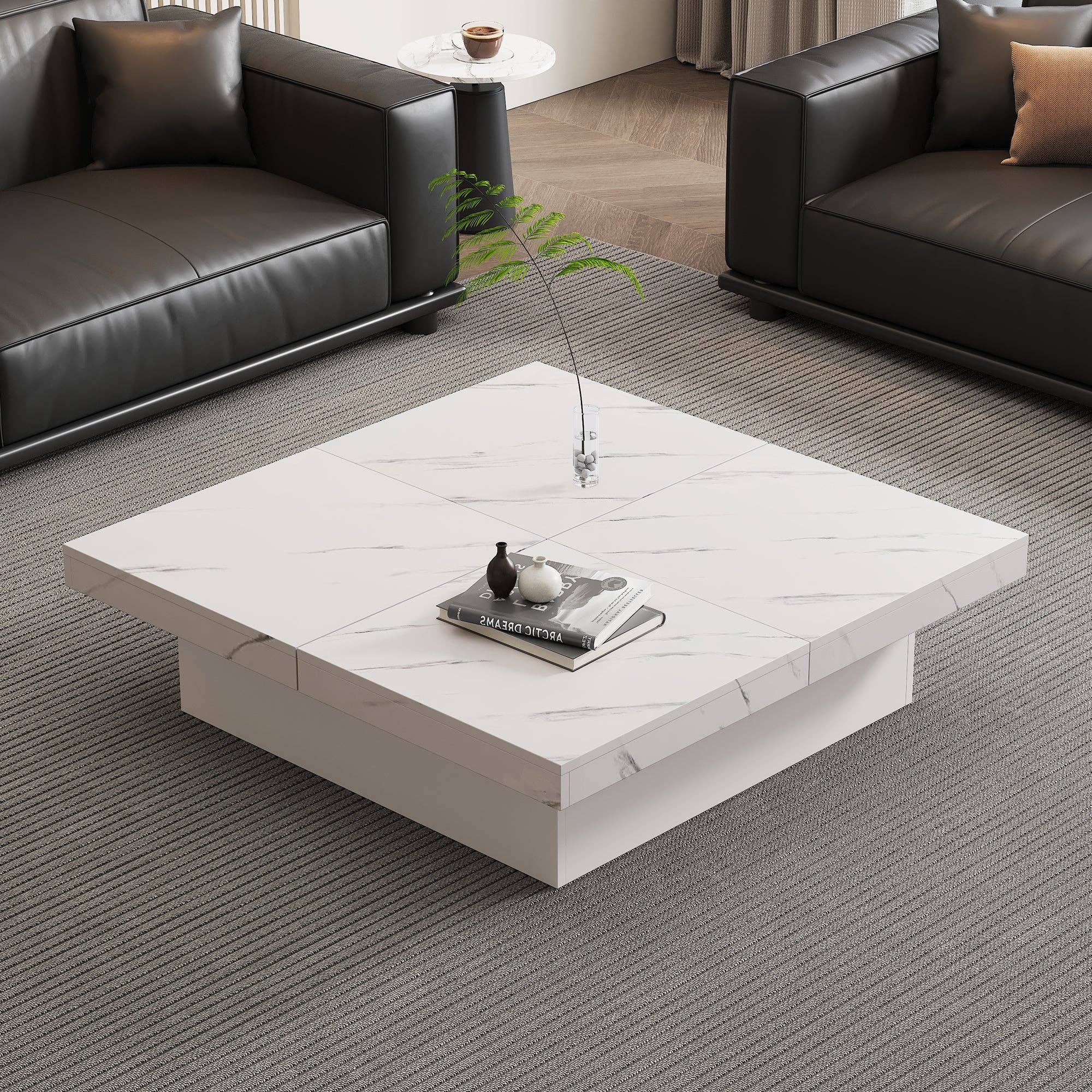 Urban Meuble - Wholesale Side Table - Modern white square coffee table with marble effect, 4 drawers, sliding top 90x90x25cm KHEKRIED54