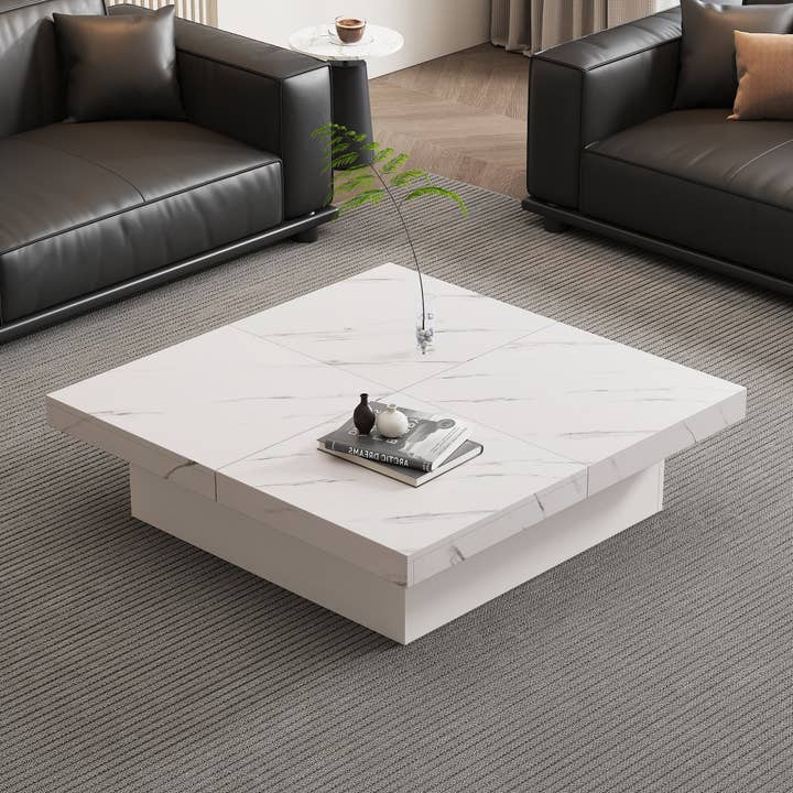 Urban Meuble - Wholesale Side Table - Modern white square coffee table with marble effect, 4 drawers, sliding top 90x90x25cm KHEKRIED54