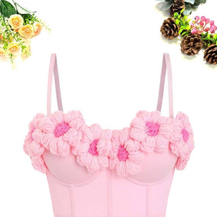 Soutien-gorge court tricoté rose avec motif floral pour la vente par SALINA TRADING INC