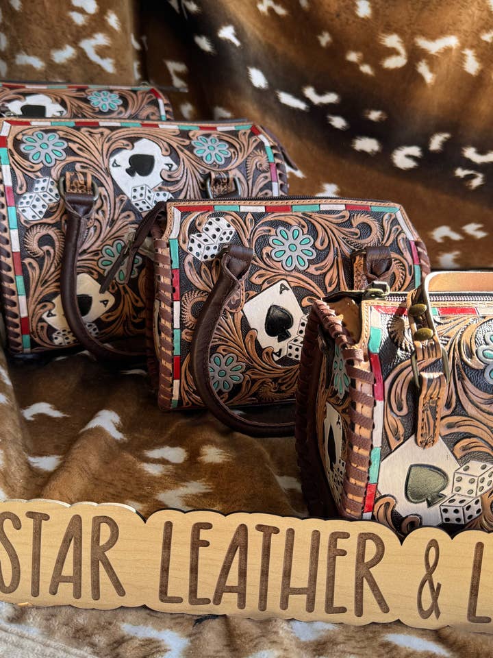 Concho Cards Bellagio Tooled Leather Speedy Crossbody Purse for wholesale by Broads Market