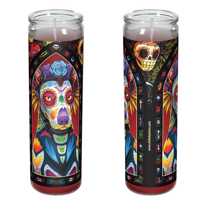 Day of the Dead Dog Xoloitzcuintle Candle - "Xochitl" for wholesale by Nicholas Ivins Art & Illustration
