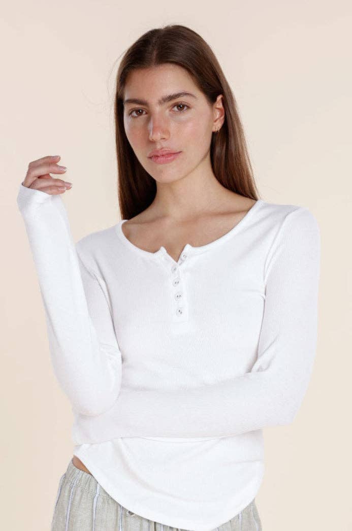 Henley Long Sleeve Ribbed Top - Lille White for wholesale on Faire0