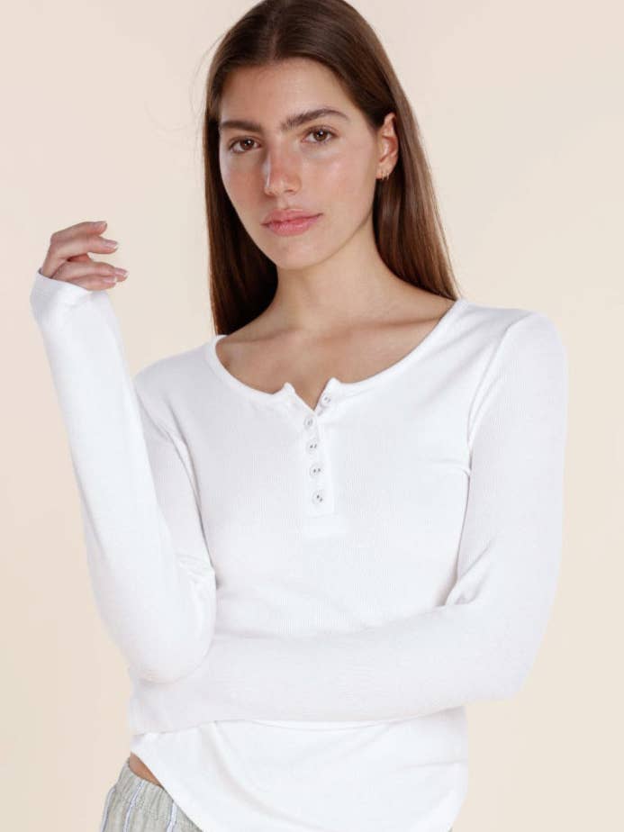 Henley Long Sleeve Ribbed Top - Lille White for wholesale by Gingerlilly