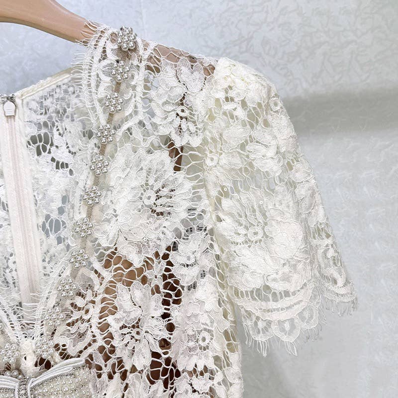 off white DR571Y Elegant Summer Lace Dress with Bowknot and Slim Fit  for wholesale on Faire4