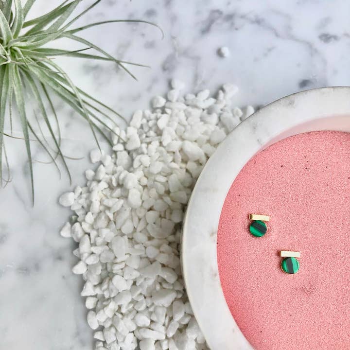 tiny geometric gold malachite studs for wholesale by minor metal jewelry