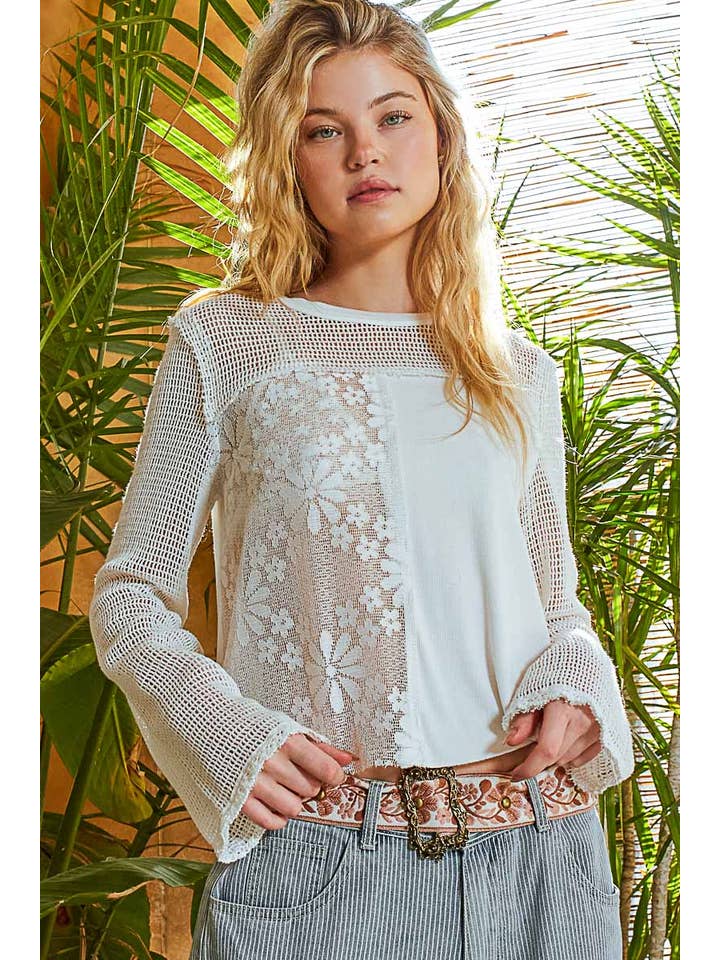Pol Clothing - Wholesale Knit Top - Women's - Round neck long sleeve lace crochet contrast top