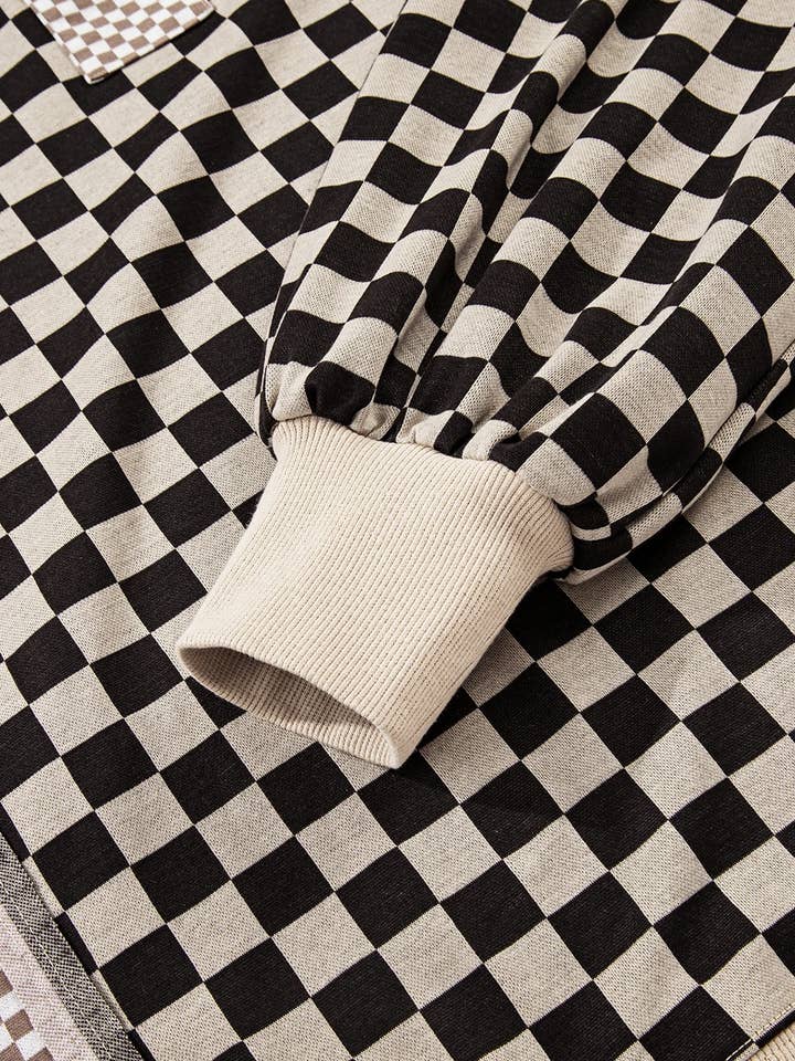 Kaki Haut décontracté à motif patchwork à carreaux mixtes, asymétrique. en vente sur Faire5