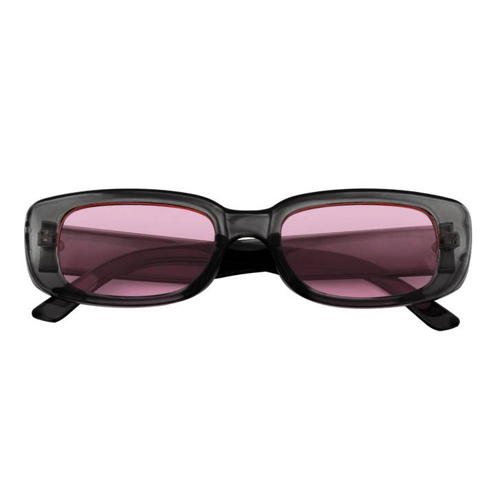 SLIM - Occhiali da sole rettangolari piccoli e sottili retrò anni '90 con lenti rosa cristallo trasparente per la vendita all'ingrosso da parte di Morspecs