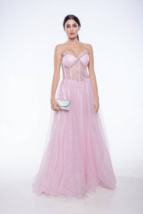 Robe en tulle scintillant 'Geneva' à corsage transparent brodé de strass pour la vente par Virginia Cosenza