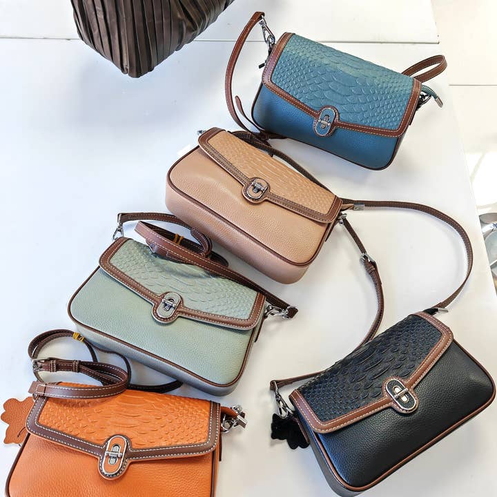 Genuine Leather Two-toned Croc Print Clasp Opening Satchel for wholesale by Superbia