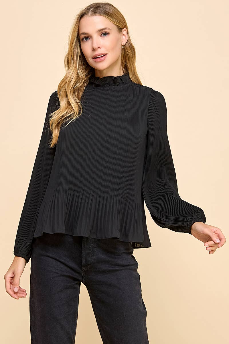 Black CT9016-Pleated Construction Mock Neckline Top for wholesale on Faire