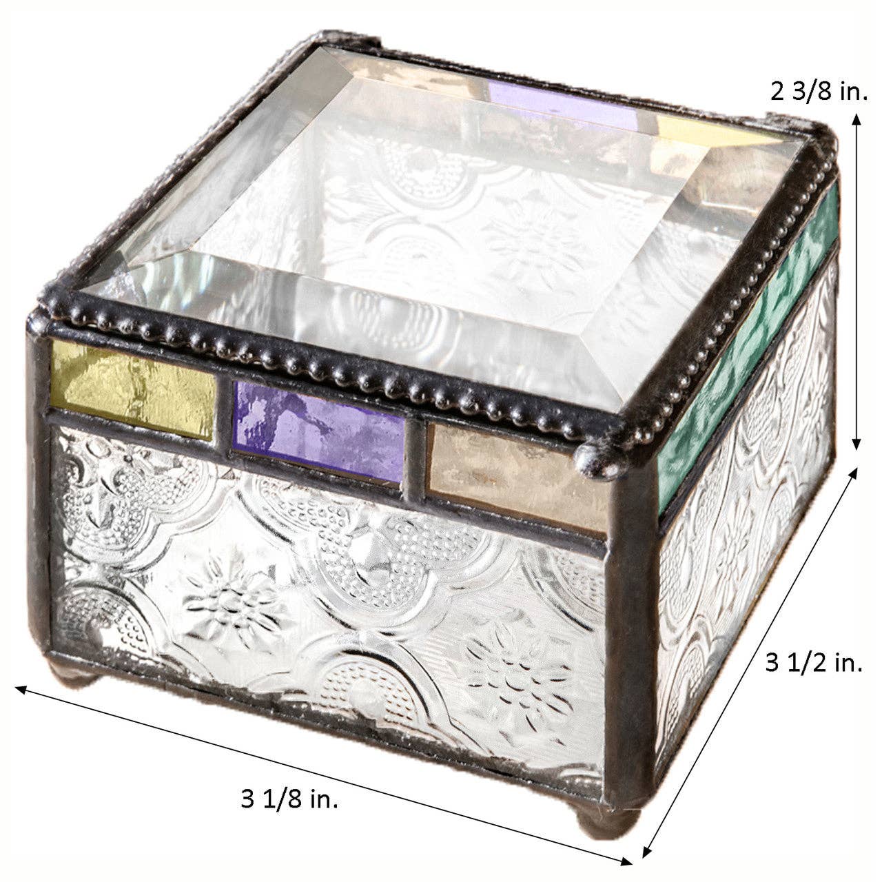 J Devlin Glass Art & Bert Anderson Collection - Wholesale Decorative Box - Box 905 Clear Vintage with Multi Colored Trim Glass Box2