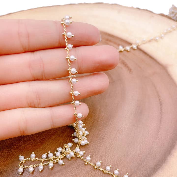 Beads Creation - Wholesale Beaded/pearl necklace - White Pearl Beaded Chain by Foot, Pearl Chain Necklace CH1683