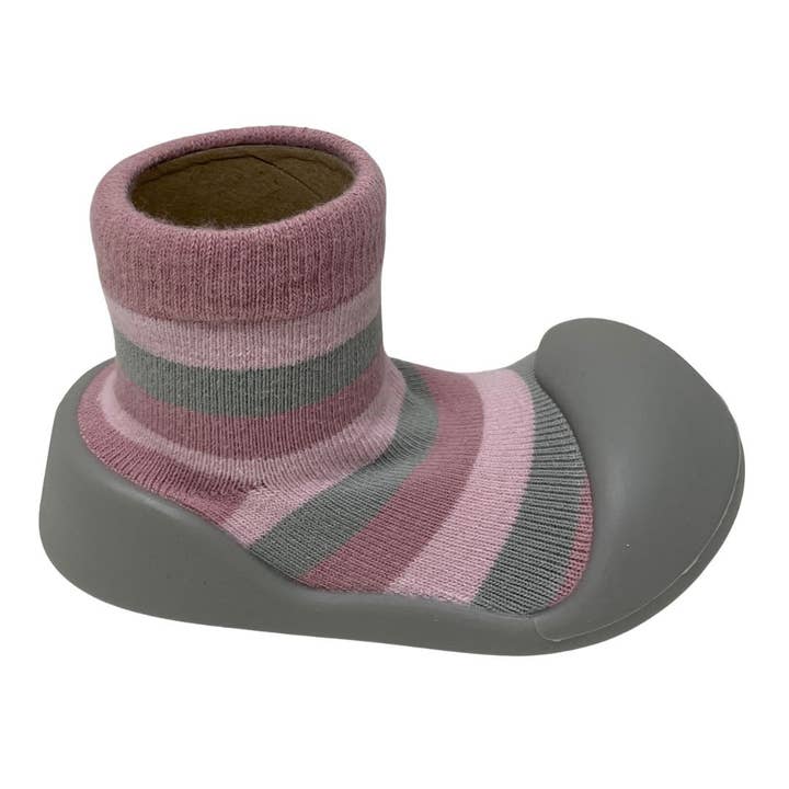 ES Kids - Wholesale Socks – Child - Rubber Soled Socks - Pink/Grey Stripe1