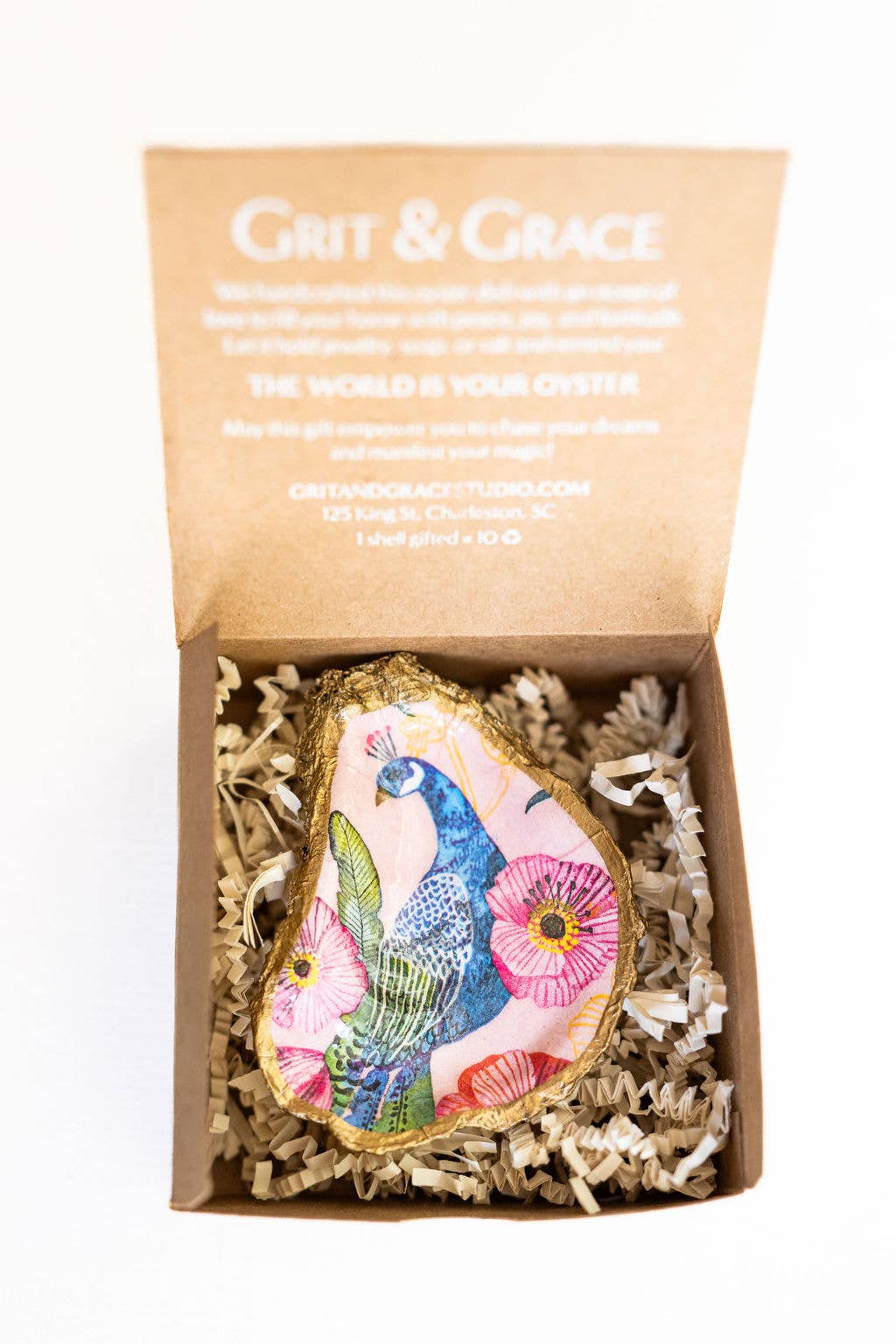 Grit and Grace Studio - Vente Plateaux à bijoux - Plat à bijoux en forme d'huître à découper : paon2