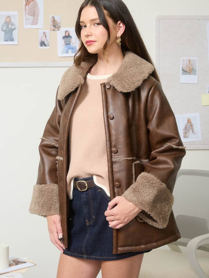 BROWN FAUX LEATHER SHEARLING BUTTON DOWN JACKET for wholesale on Faire2