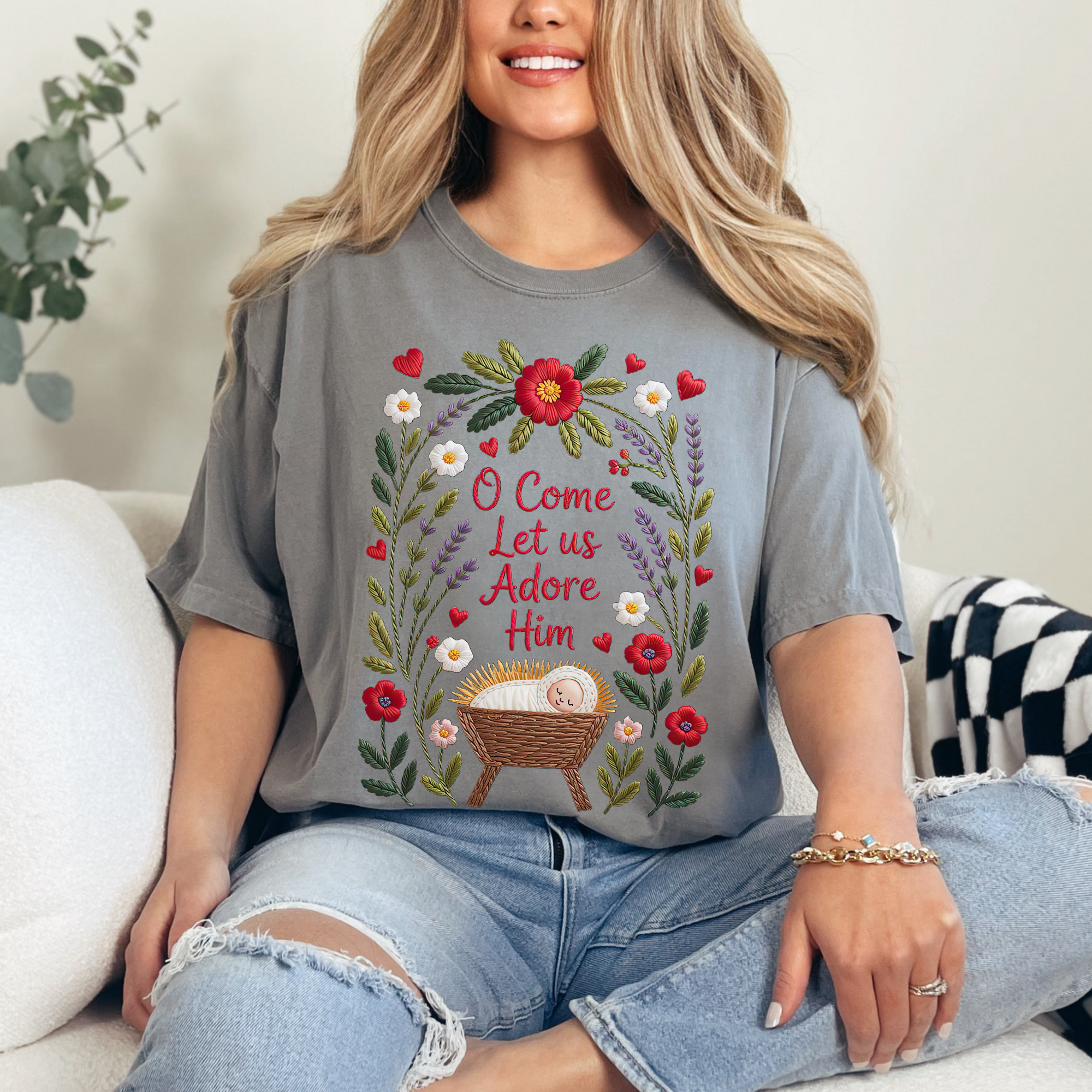 Scripted Pearl - Wholesale T-Shirt (Graphic) - Women's - O Come Let Us Adore Him Comfort Colors Christmas T Shirt1