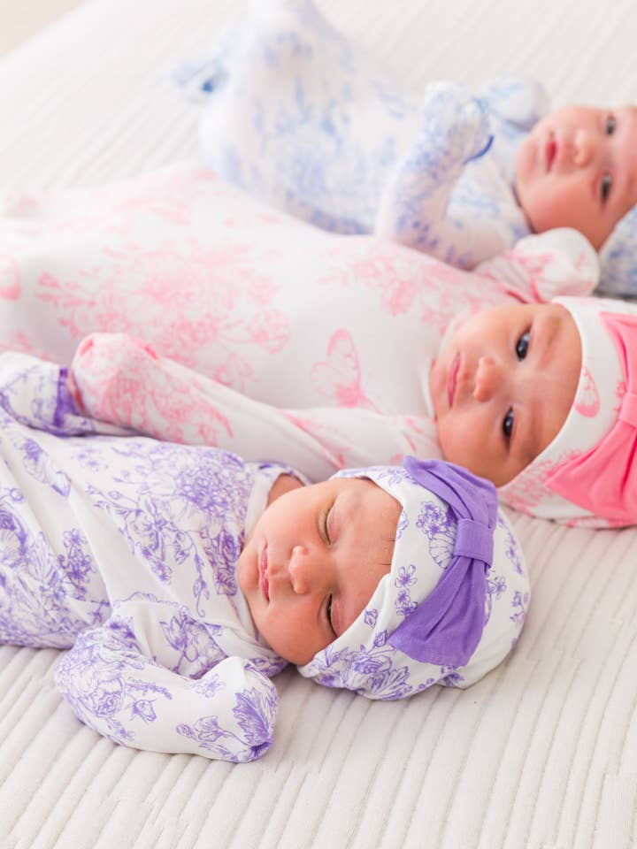 SoftSnooze™ Baby Girls Bamboo Viscose Wisteria Purple Butterfly Garden Toile Ruffle Knotted Sleep Gown & Bow Hat Set
for wholesale on Faire3