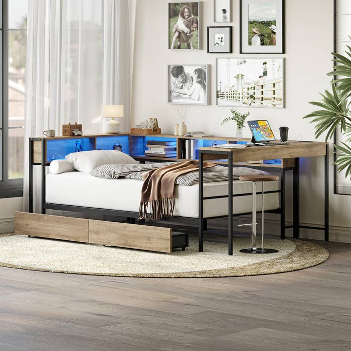 HOMYCASA DESIGN INC - Wholesale Bedroom Furniture - Corner Bed Frame Twin Size & Bookcase & 2 Underbed Drawers