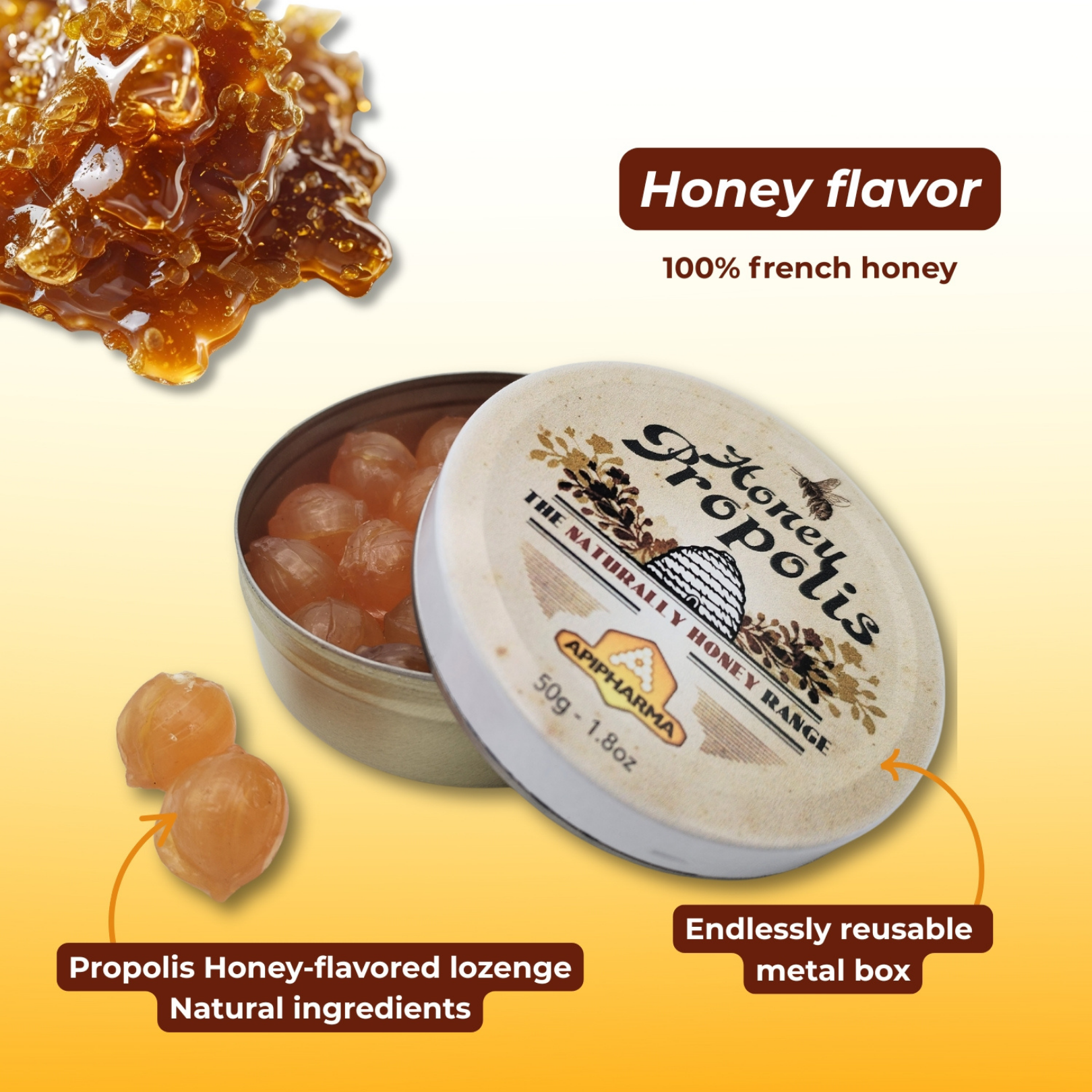Bonbon USA France - Wholesale Hard Candy - Apipharma Honey Propolis - French Gourmet Natural Candy Tin4