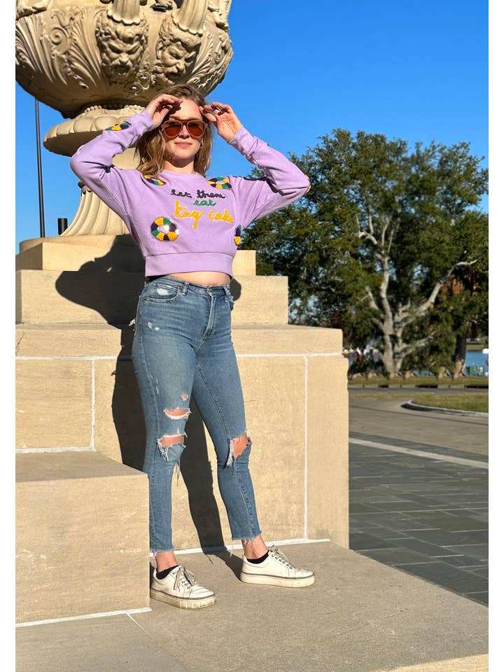 Mardi Gras Creations - Wholesale Sweatshirt - Women's - ASP Adult LET THEM EAT KING CAKE Crop Pullover2