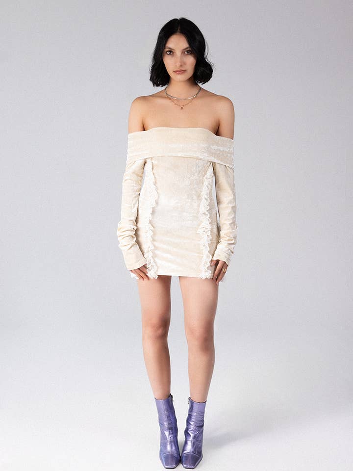 Vestido Mini Ombro a Ombro Christina Velvet com Detalhe de Renda por atacado de Jessie Da Silva