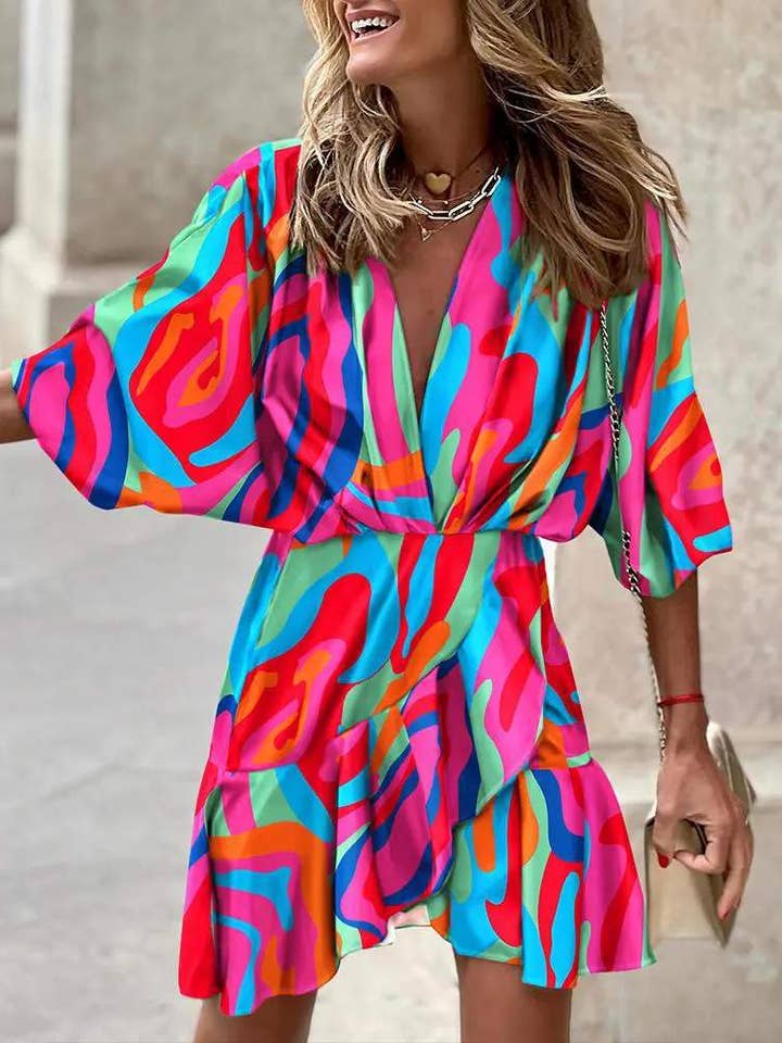 batwing sleeve ruffle hem abstract print dress for wholesale by Fashion Combination