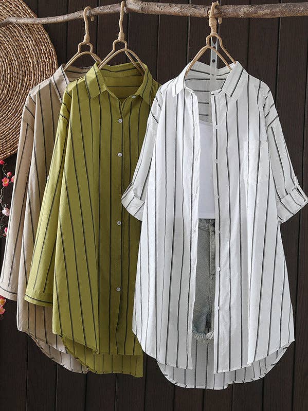 Irregular Clipping Long Sleeves Striped Lapel Shirts Tops for wholesale by StyleGalX