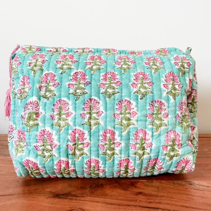 Kalyana Textiles - Wholesale Makeup/Cosmetic Bag - Aqua Bloom Block Print Pouch