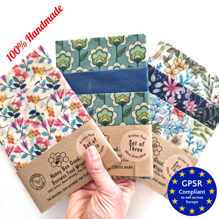 HANDMADE Beeswax Wraps Bundle |3 L,M,S Floral Patterns for wholesale by Honey Bee Good