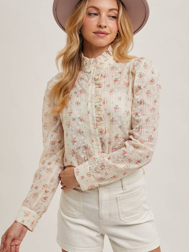 Bluivy - Wholesale Button Down Shirt - Women's - FLORAL PRINT BUTTON DOWN RUFFLED MOCK NECK BLOUSE