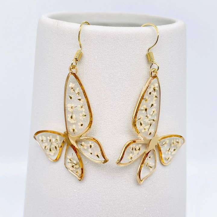 Mio Queena - Wholesale Dangle Earrings - Queen Anne's Lace Butterfly Shape Dried Flower Earrings -PDF