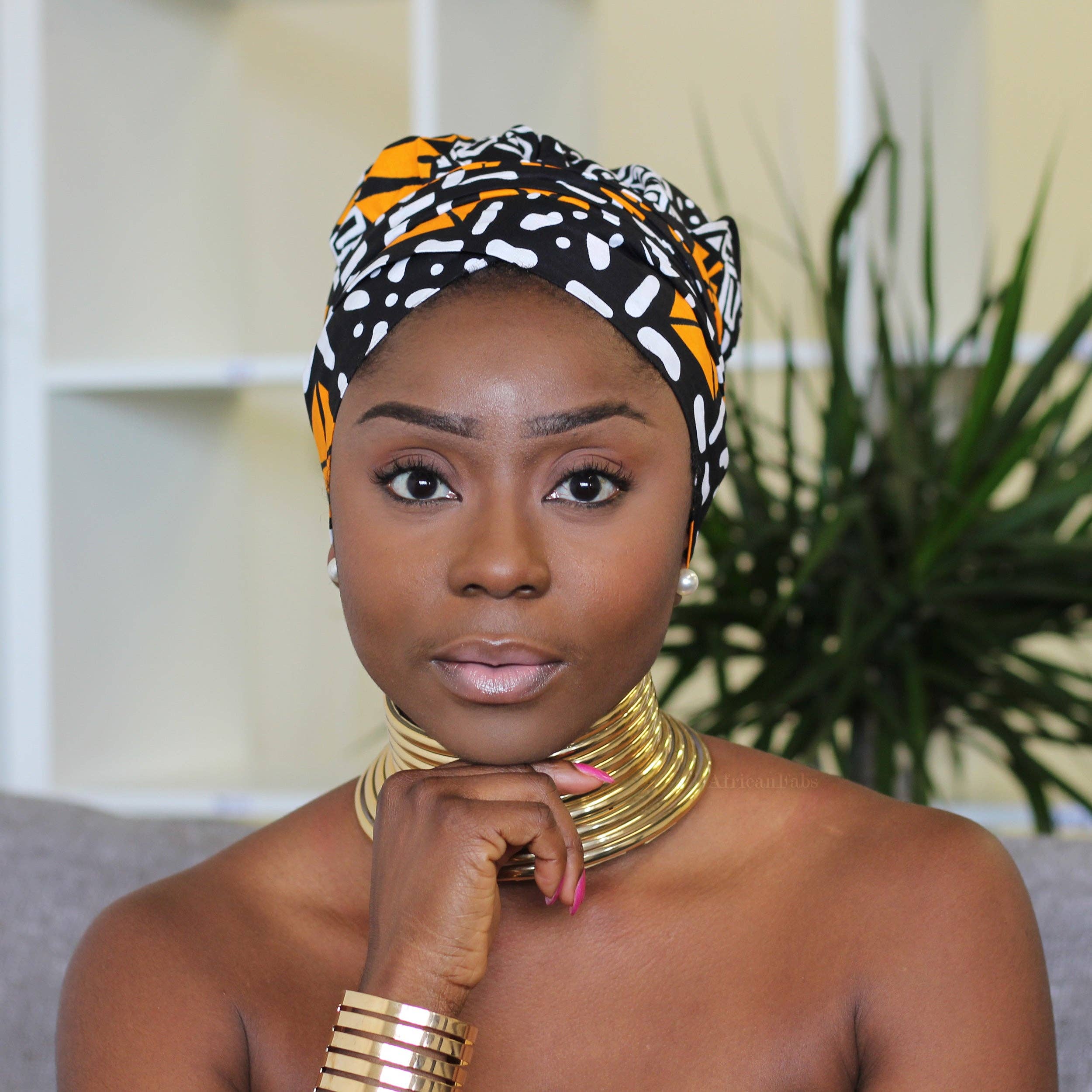 AfricanFabs - Wholesale Head Scarf - Women's - Easy headwrap - Satin lined hair bonnet - Black / orange Amaka1
