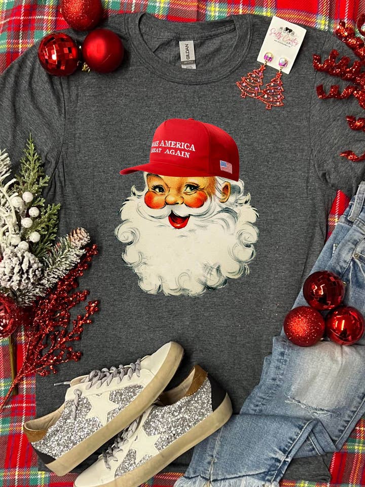 Salty Cactus Wholesale - Wholesale Screen Printed T-Shirt - Women's - Make America Great Again Santa Claus Dark Grey Tee