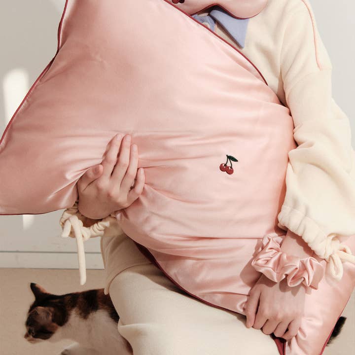 Pink "Lost Cherries" 3 Piece Silk Gift Set - Silk Pillowcase & Silk Sleep Eye Mask & Silk Scrunchie for wholesale on Faire2
