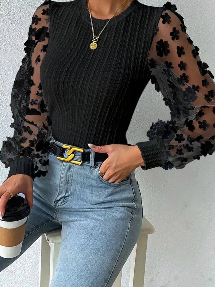 FULL TIME PURCHASE - Wholesale Blouse - Women's - Floral Applique Mesh Sleeves Textured Knit Blouse