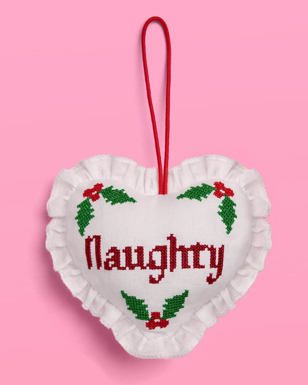 xo, Fetti - Wholesale Ornament - Naughty or Nice Christmas Ornament  Cross stitch 7x5" heart7