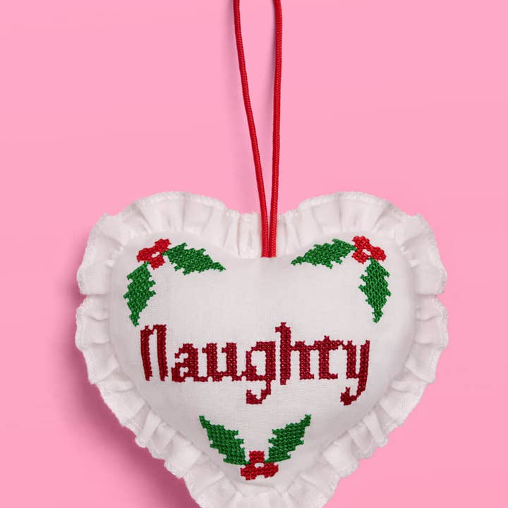 xo, Fetti - Wholesale Ornament - Naughty or Nice Christmas Ornament Cross stitch 7x5" heart7